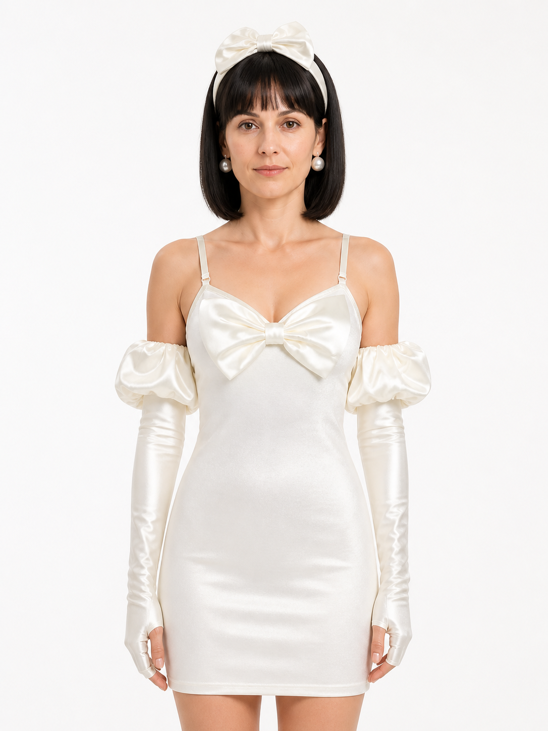 Cosplay Costume White Dress with Bow and Black Wig Costume Dresses detail 3