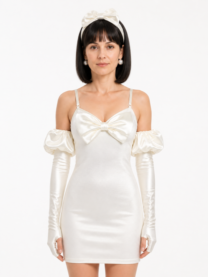 Cosplay Costume White Dress with Bow and Black Wig Costume Dresses detail 3