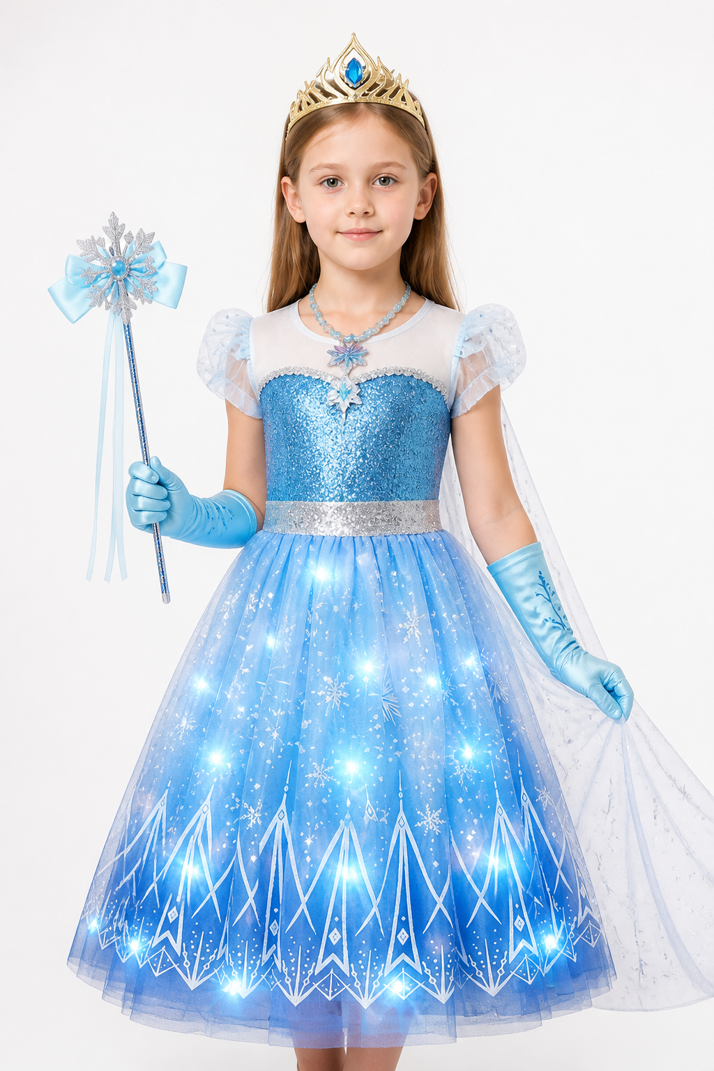 Glowing Elsa Costume with Crown and Snowflakes