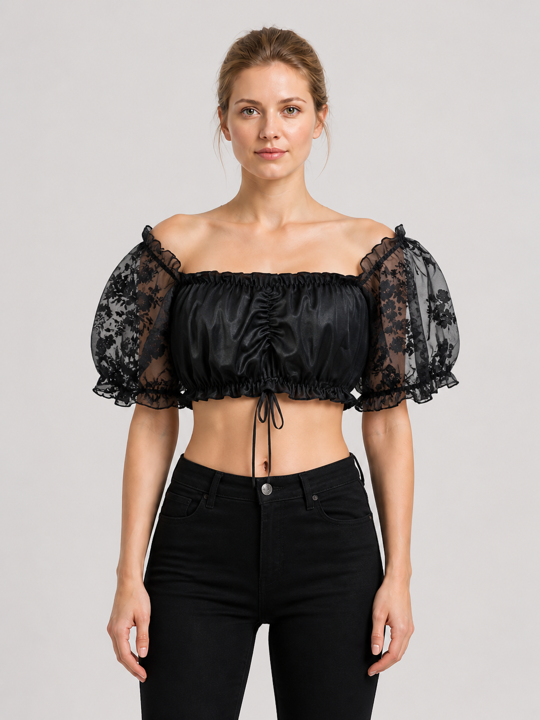 Black Top with Sheer Floral Sleeves product detail 3