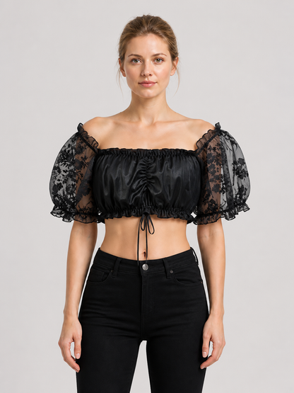 Black Top with Sheer Floral Sleeves product detail 3