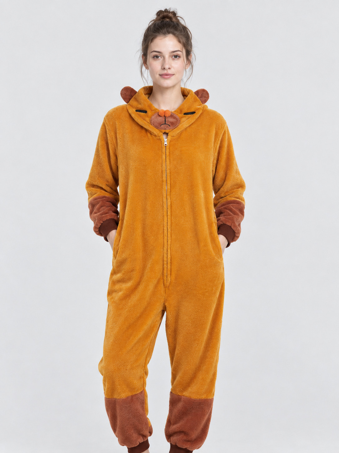 Hooded Pajama Jumpsuit with Ears, Golden Orange