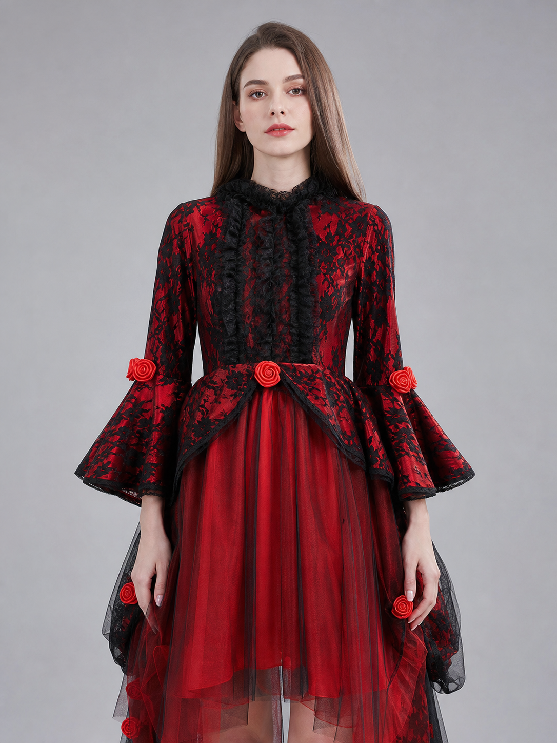 Gothic dress with roses and lace, red and black