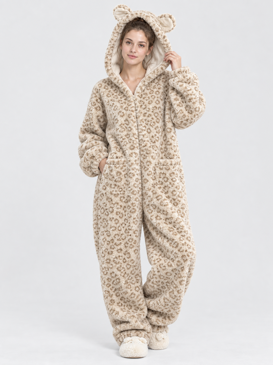Leopard Print Jumpsuit Pajama with Ears