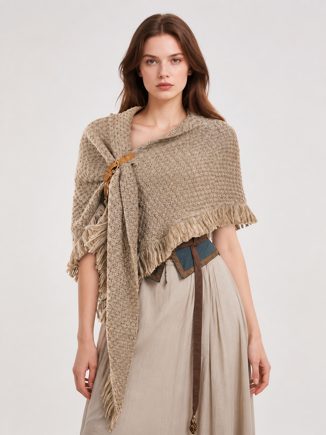 Beige fringed woven costume cape product view 26