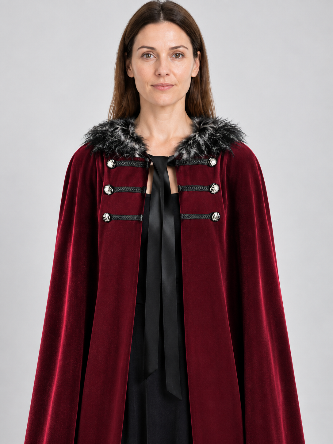 Burgundy Cape Cloak with Fur Collar
