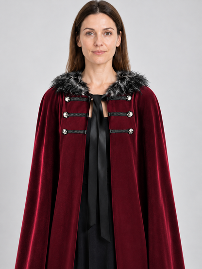 Burgundy Cape Cloak with Fur Collar