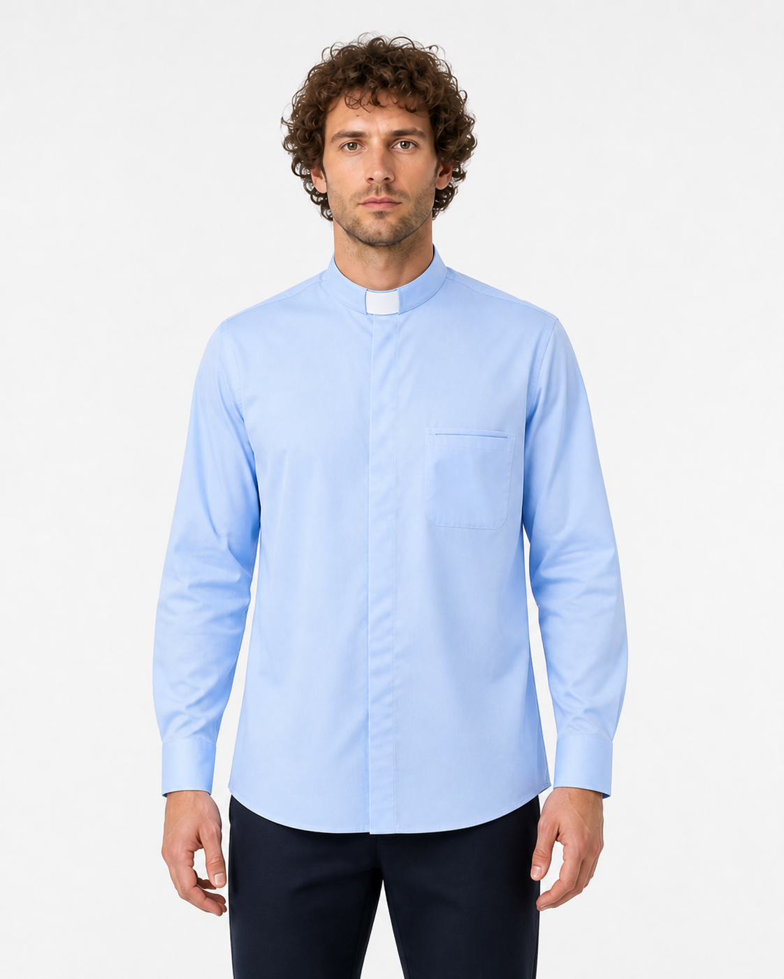 Blue Stand-Collar Long-Sleeve Shirt with Pocket product detail 3