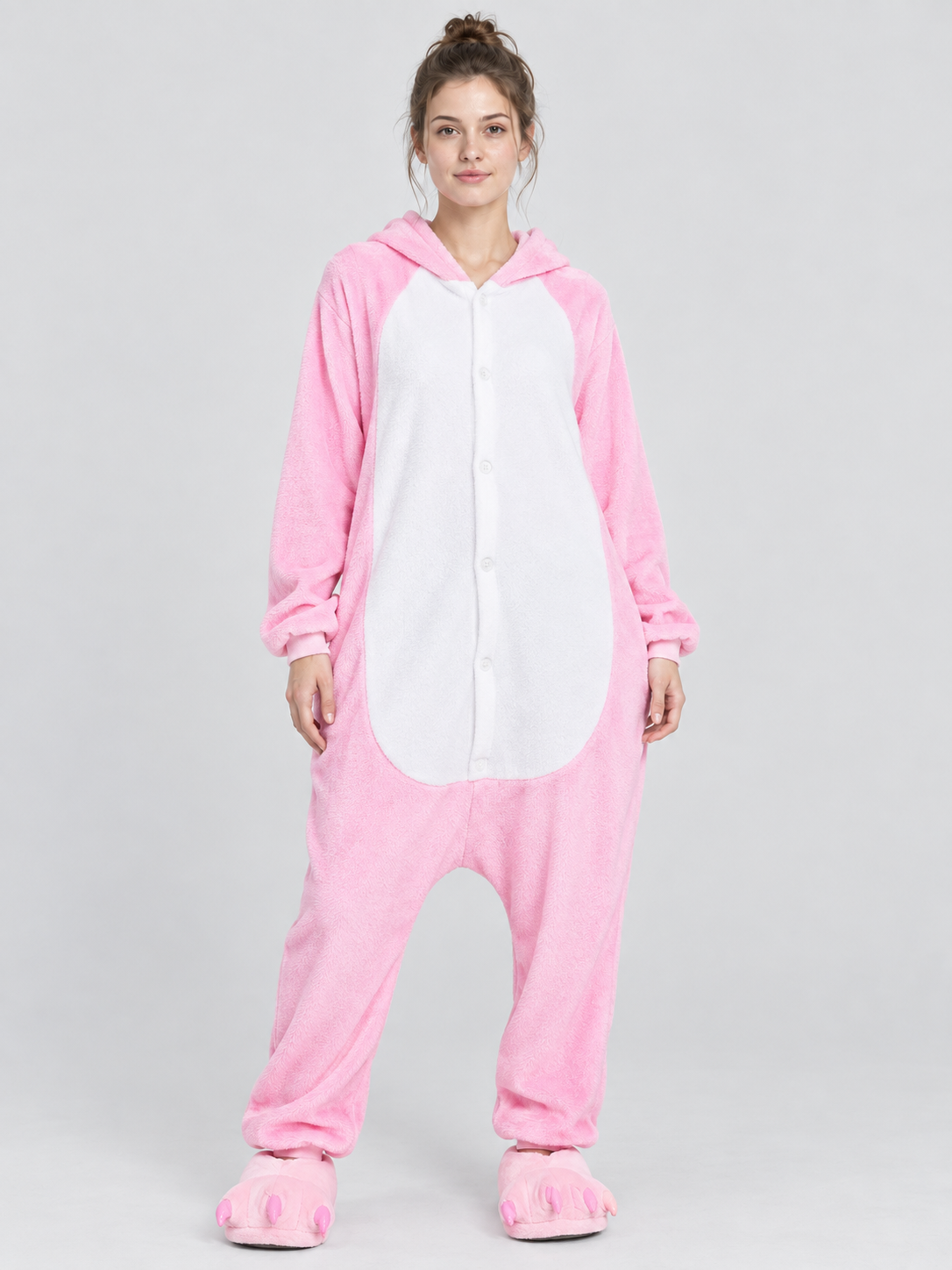 Pink pajama jumpsuit with hood and white insert
