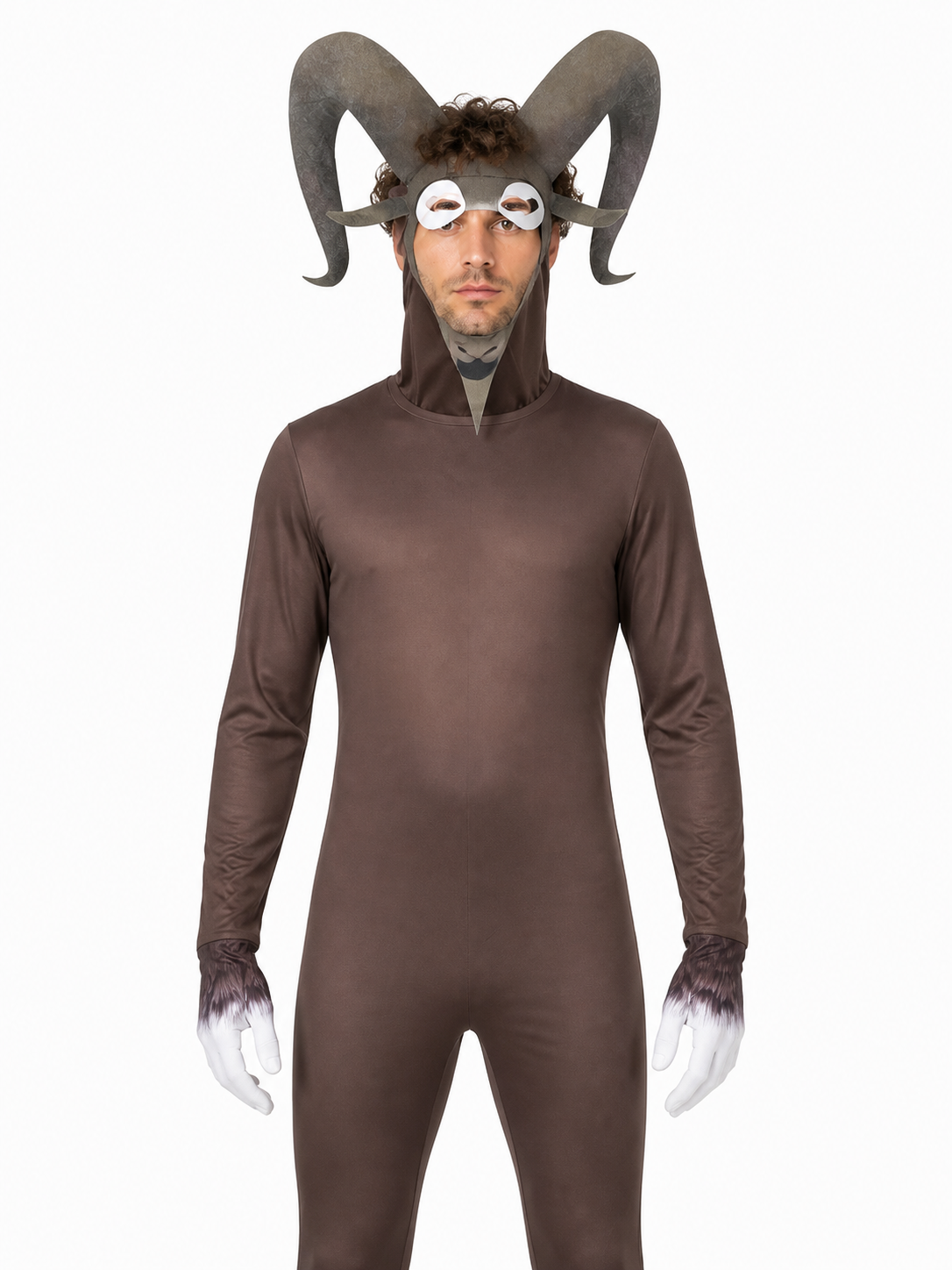 Monster Goat Costume with Horns, Brown Jumpsuit Costumes detail 3