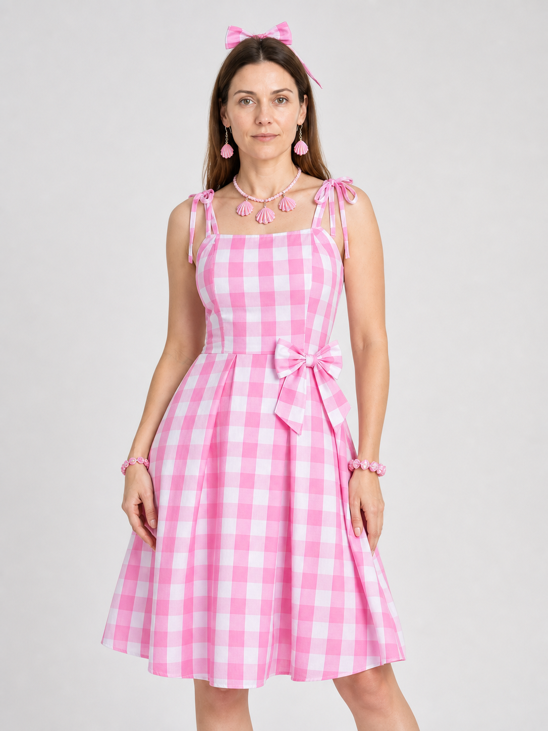 Barbie Cosplay Set: Pink and White Checkered Dress Costume Dresses detail 3