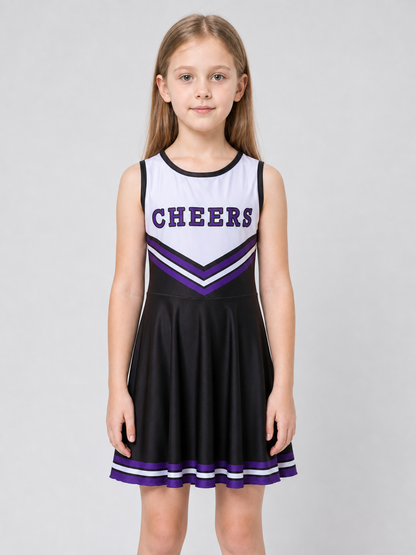 Cheerleading costume with pom-poms, dress, and leg warmers