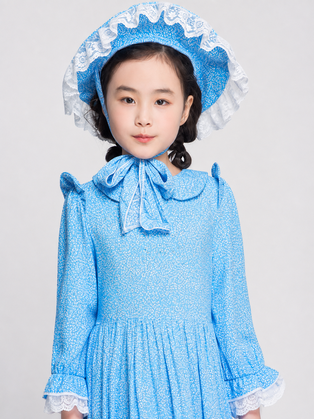 Blue Dress with White Ruffles and Bow, Long Sleeves