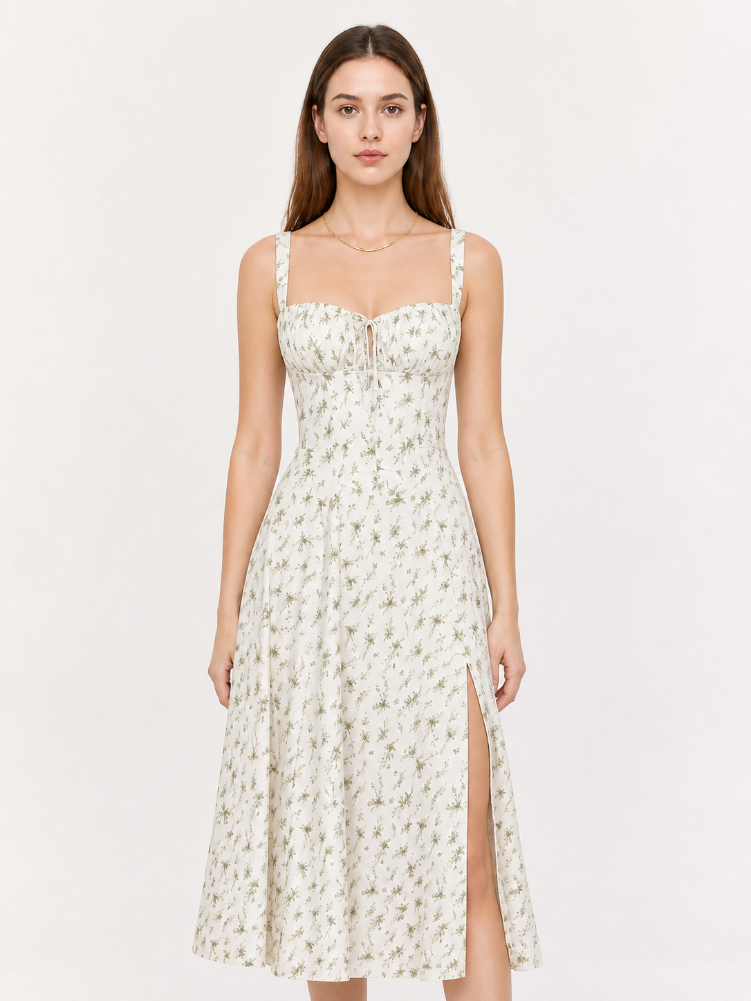 Midi Dress with Spaghetti Straps, Slit, and Floral Print Costume Dresses detail 3