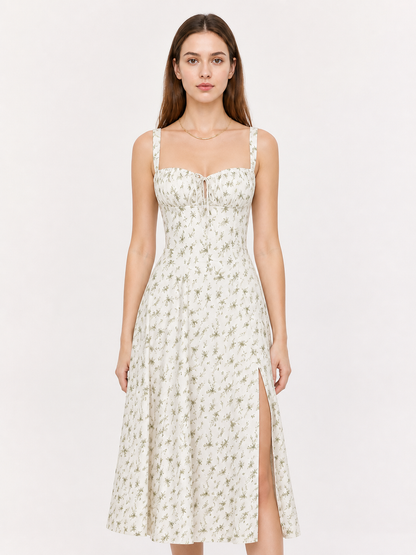 Midi Dress with Spaghetti Straps, Slit, and Floral Print Costume Dresses detail 3