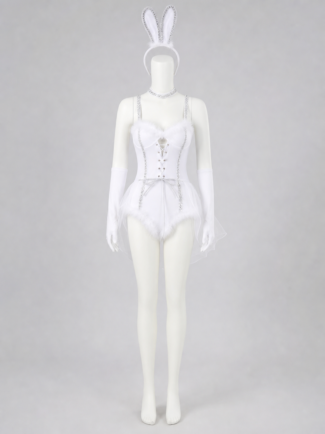 Bunny Cosplay Costume, White with Ears and Mesh