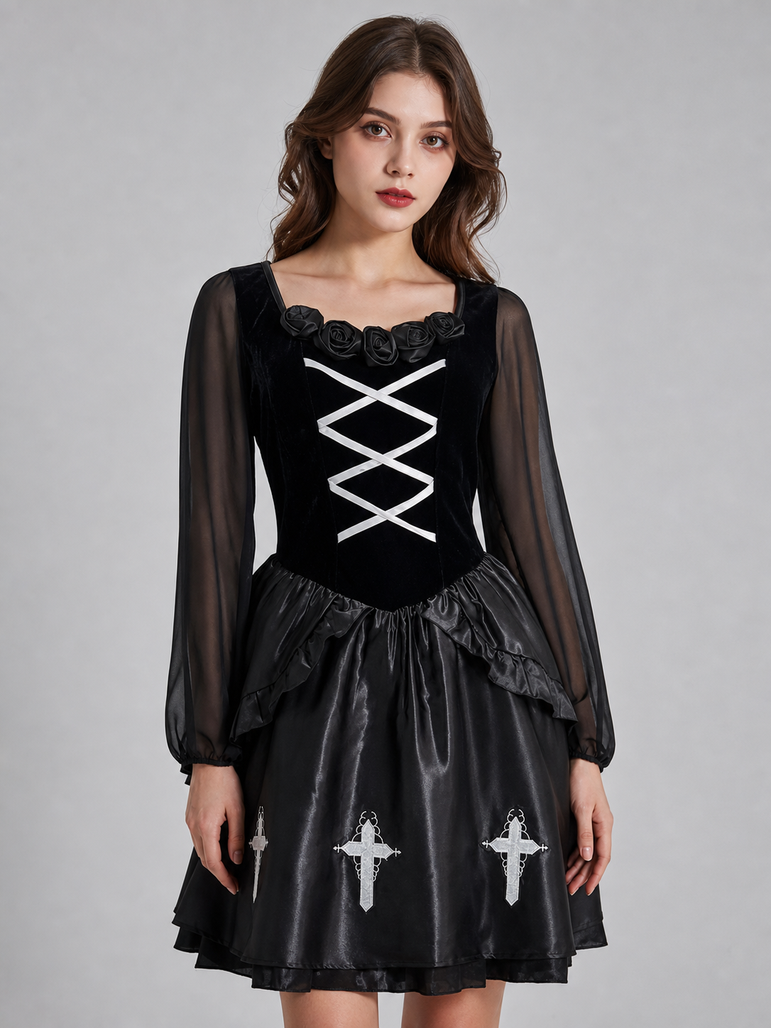 Gothic Dress with Gloves, Collar, and Headband
