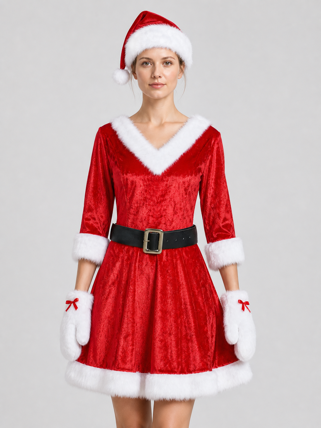 Santa Claus Costume, Red with White Trim and Hat, M-XL Costume Headwear detail 2