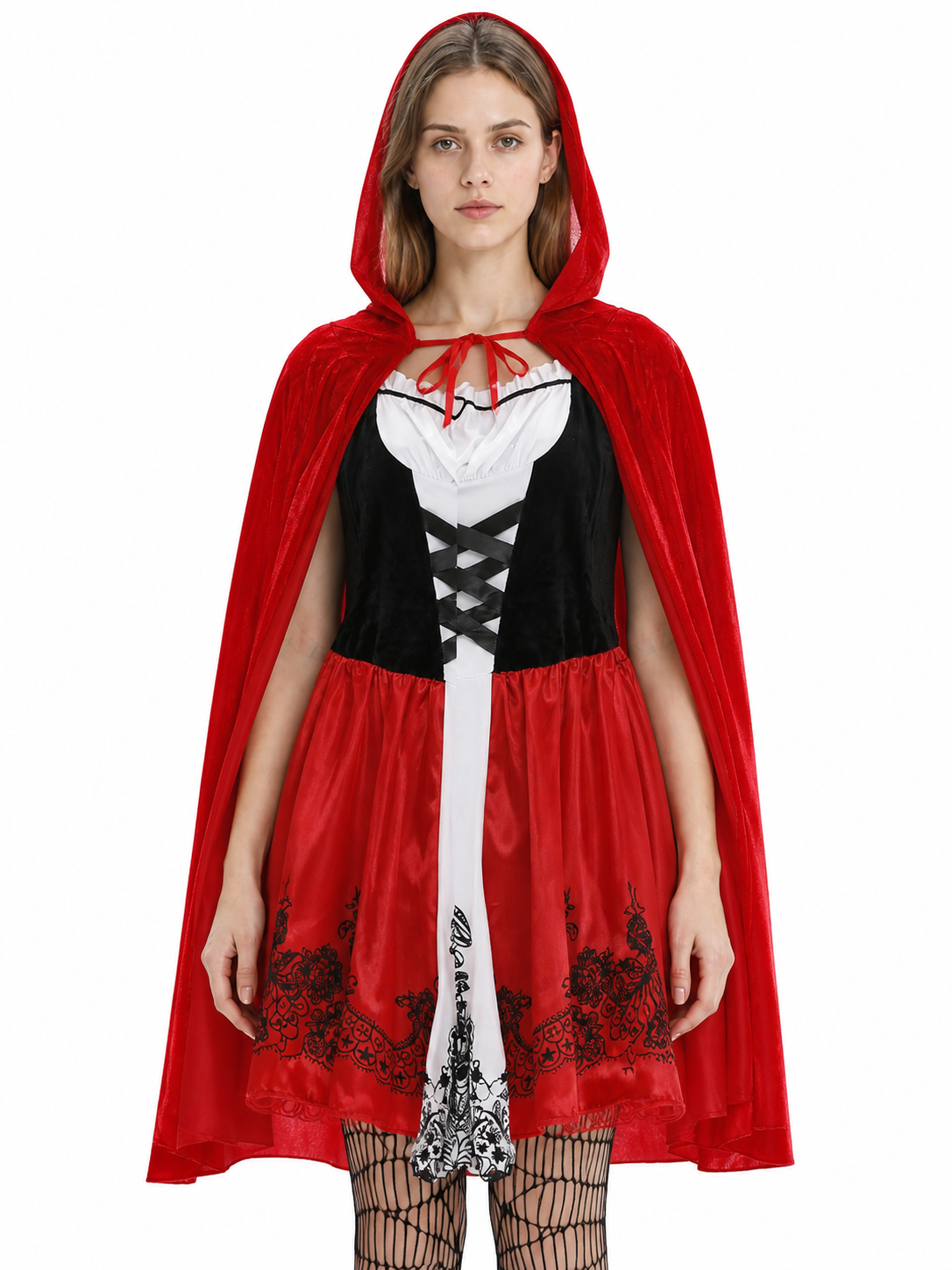 Red Dress with Hooded Cape and Floral Pattern Costume Dresses detail 3