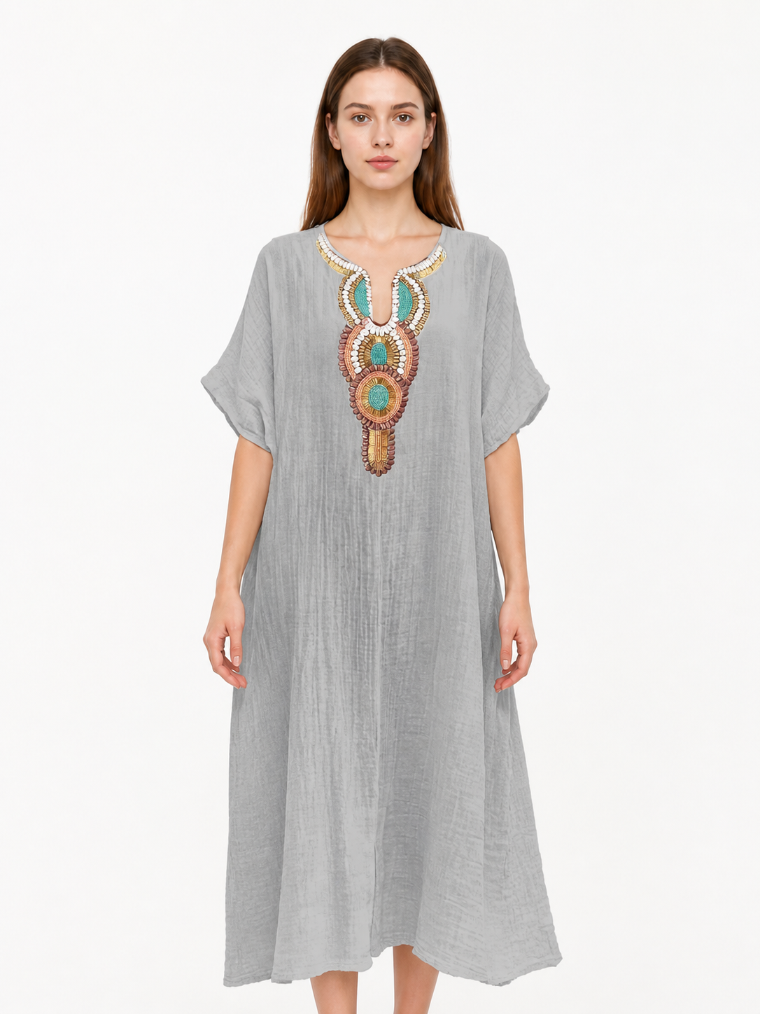 Loose-Fit Midi Dress with Beads and Round Neckline Costume Dresses detail 3