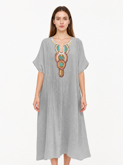 Loose-Fit Midi Dress with Beads and Round Neckline Costume Dresses detail 3