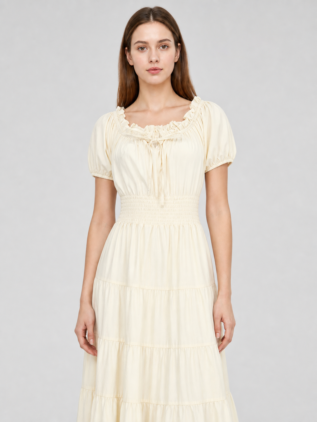 Tiered Dress with Puff Sleeves and Gathering