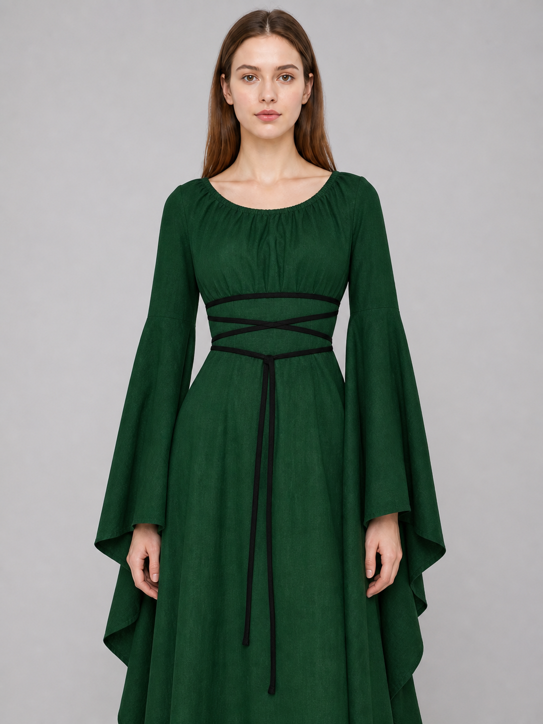 Long Dress with Sleeves and Waist Lacing