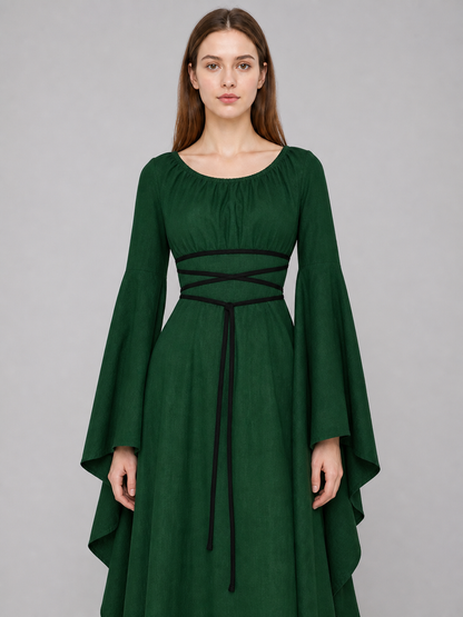 Long Dress with Sleeves and Waist Lacing