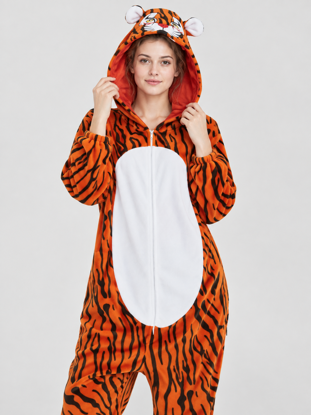 Fleece Hooded Tiger Print Pajama Jumpsuit