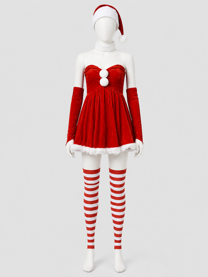Red Santa Christmas Costume with Full Skirt and Hat Costume Headwear detail 3