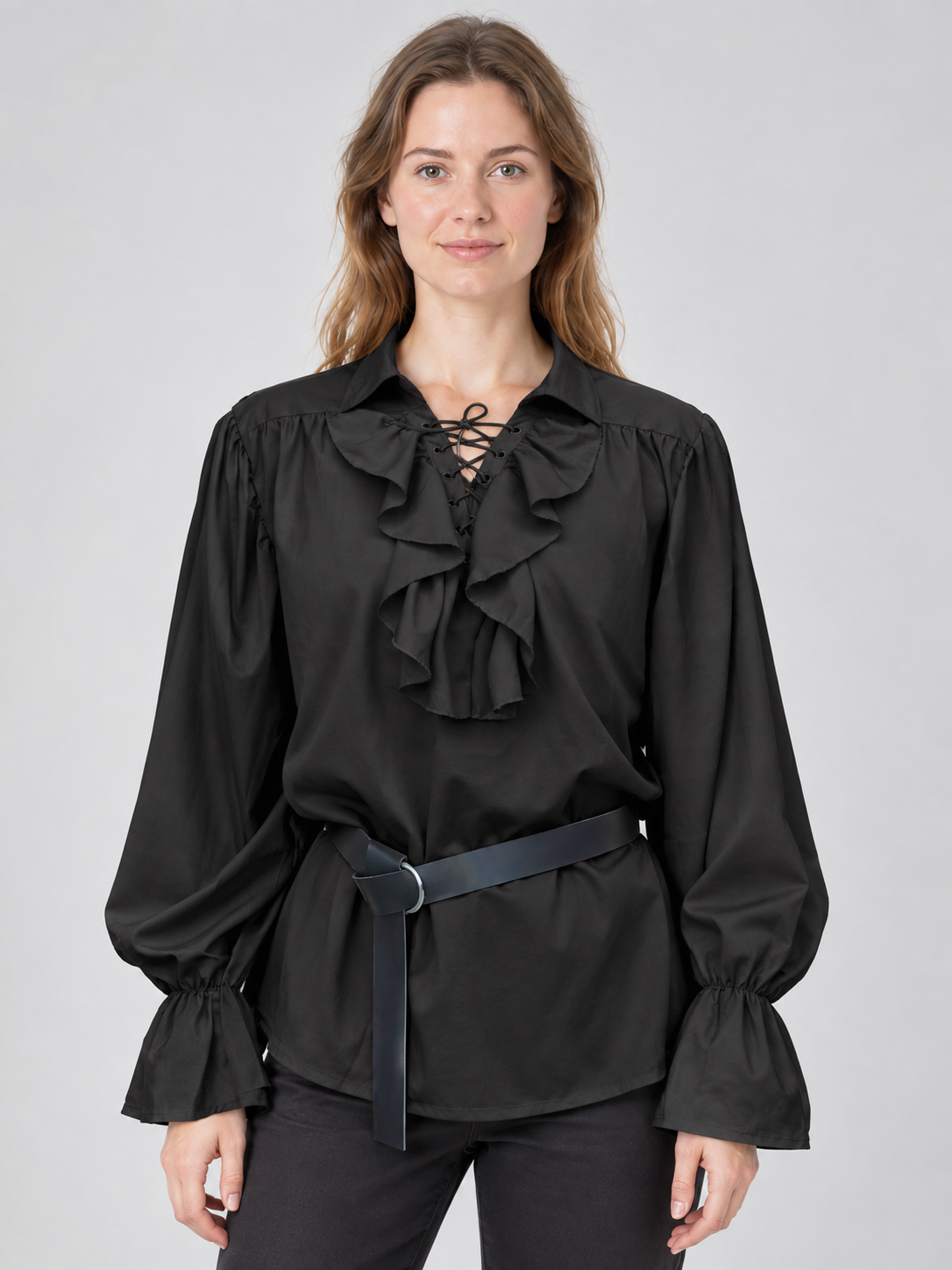 Black shirt with a collar, ruffles, and lacing on the chest