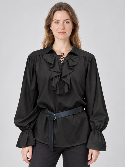 Black shirt with a collar, ruffles, and lacing on the chest