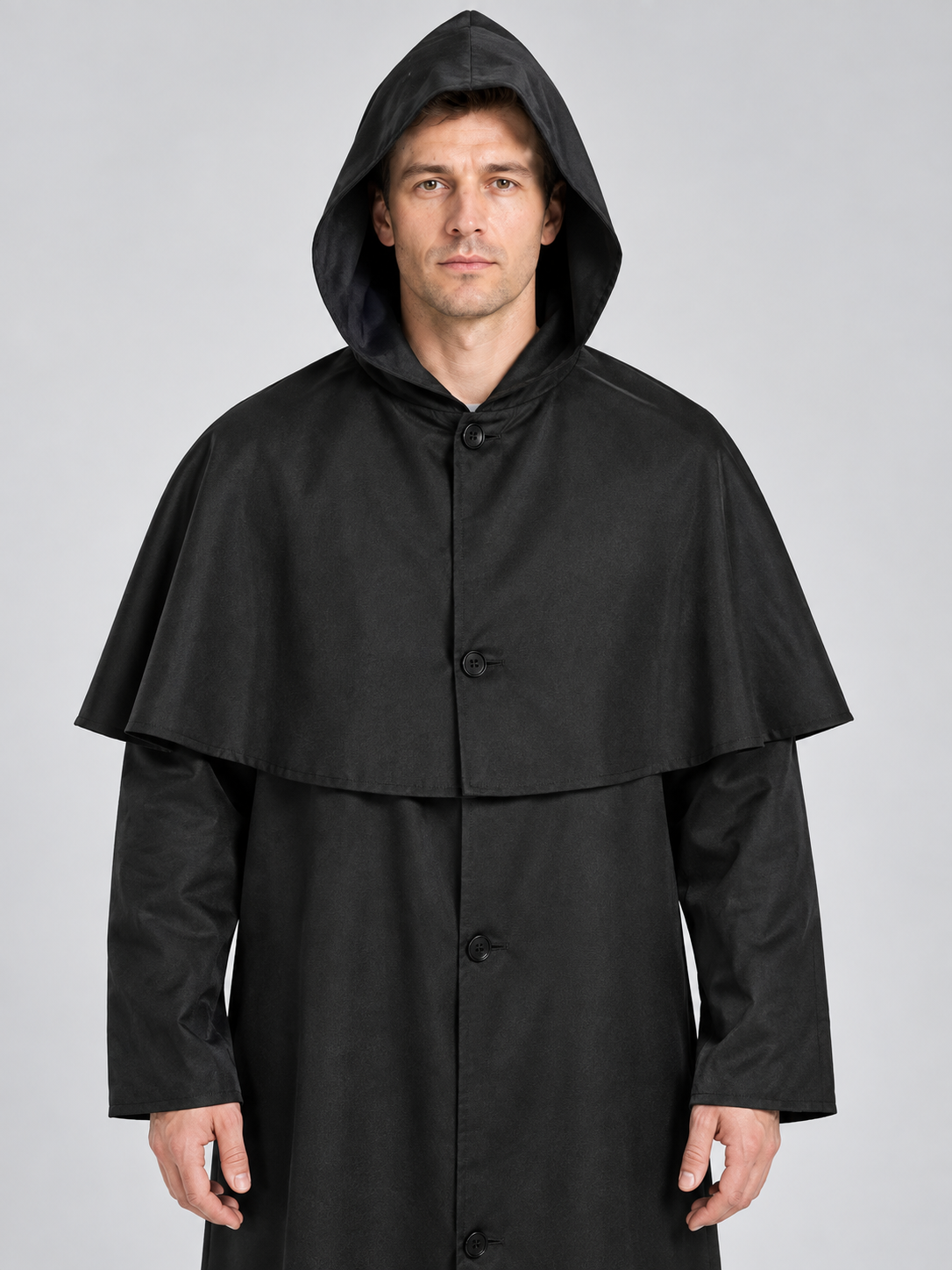 Carnival costume: black hooded cloak with capelet