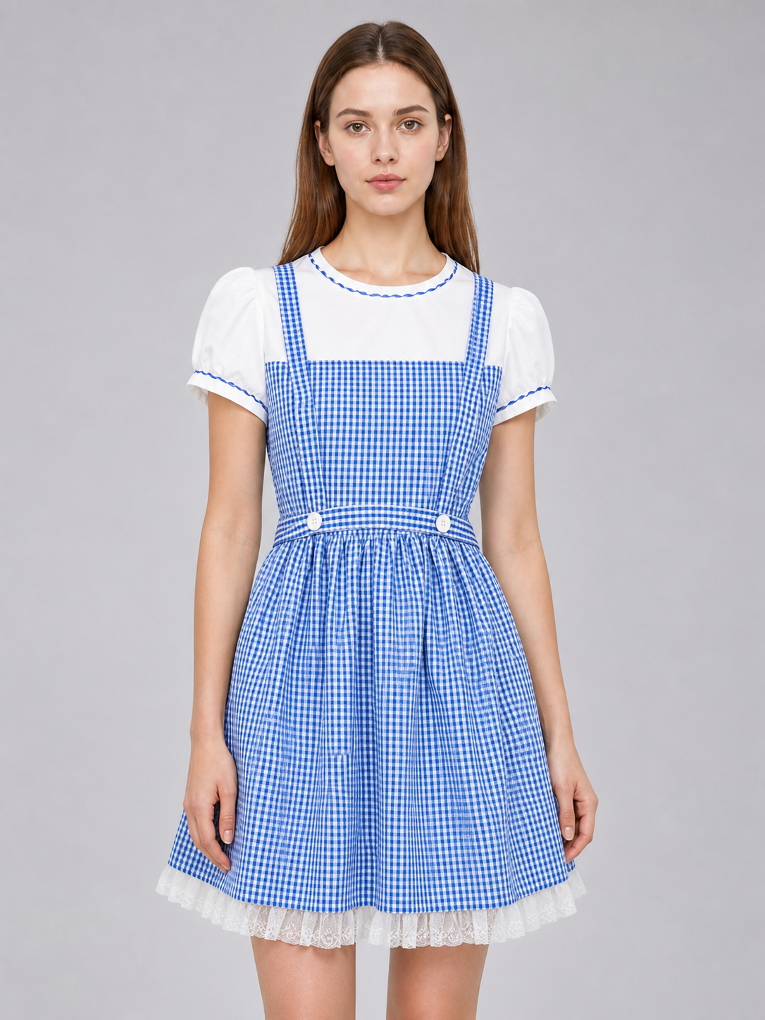 Blue and White Plaid Dress Set with Accessories