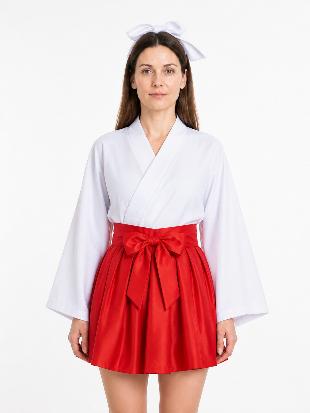 Iori Utahime Cosplay Costume with White Kimono-Style Jacket and Red Skirt Costumes detail 3