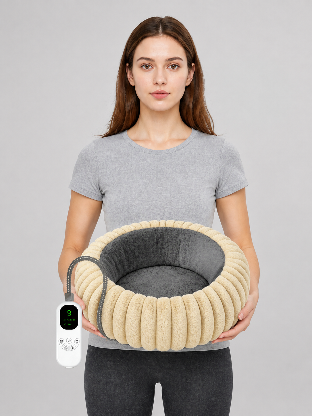 gray round heated pet bed with wired controller product image 6