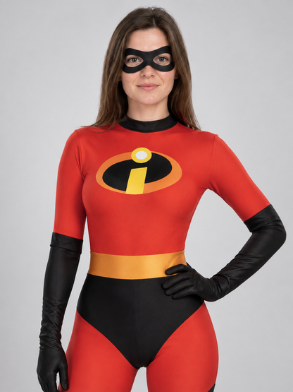 Red and black superhero costume with mask and yellow belt