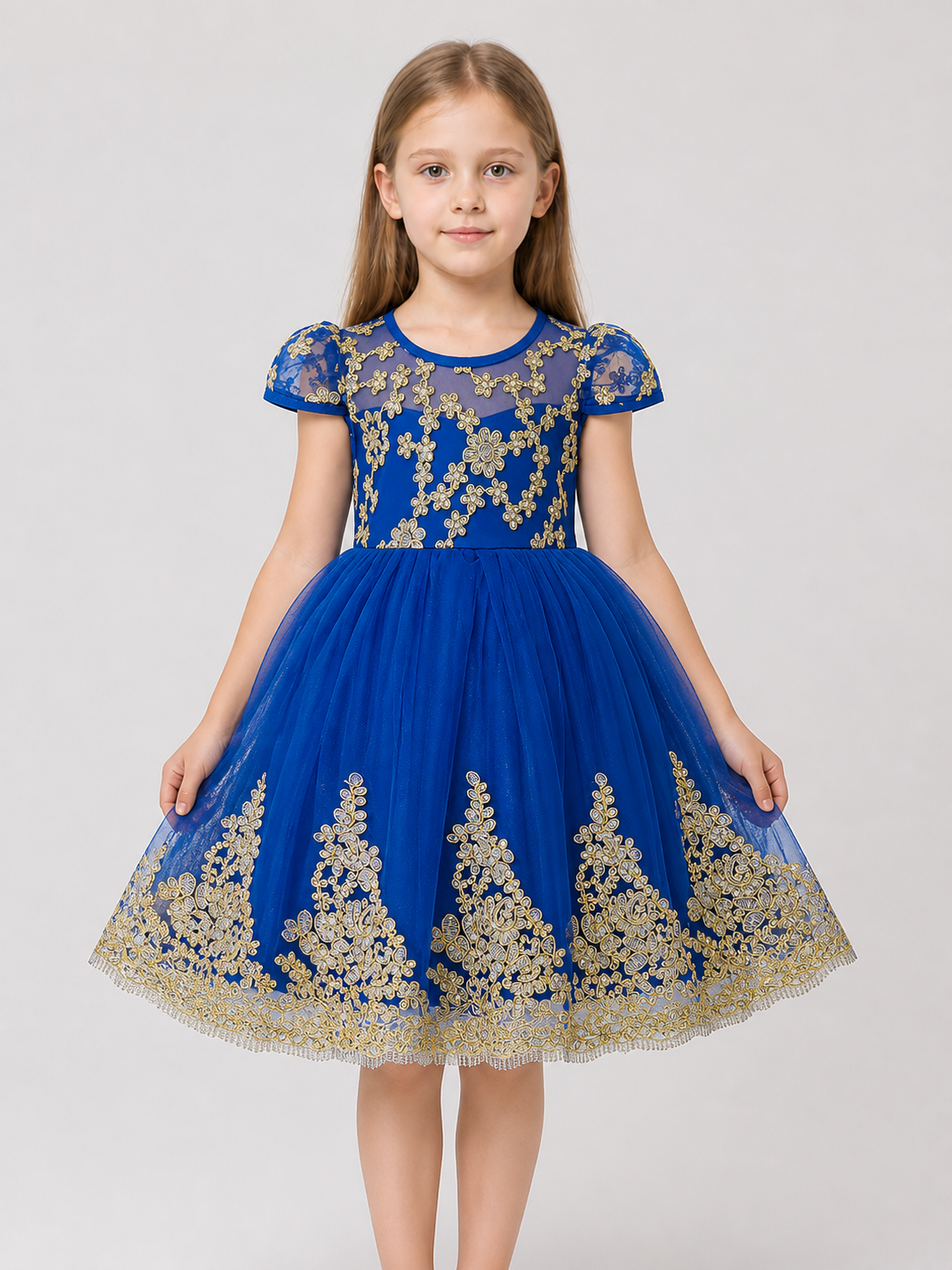 Full-Skirted Dress with Gold Embroidery, Bow, and Sequins Costume Dresses detail 3