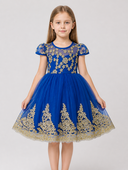 Full-Skirted Dress with Gold Embroidery, Bow, and Sequins Costume Dresses detail 3