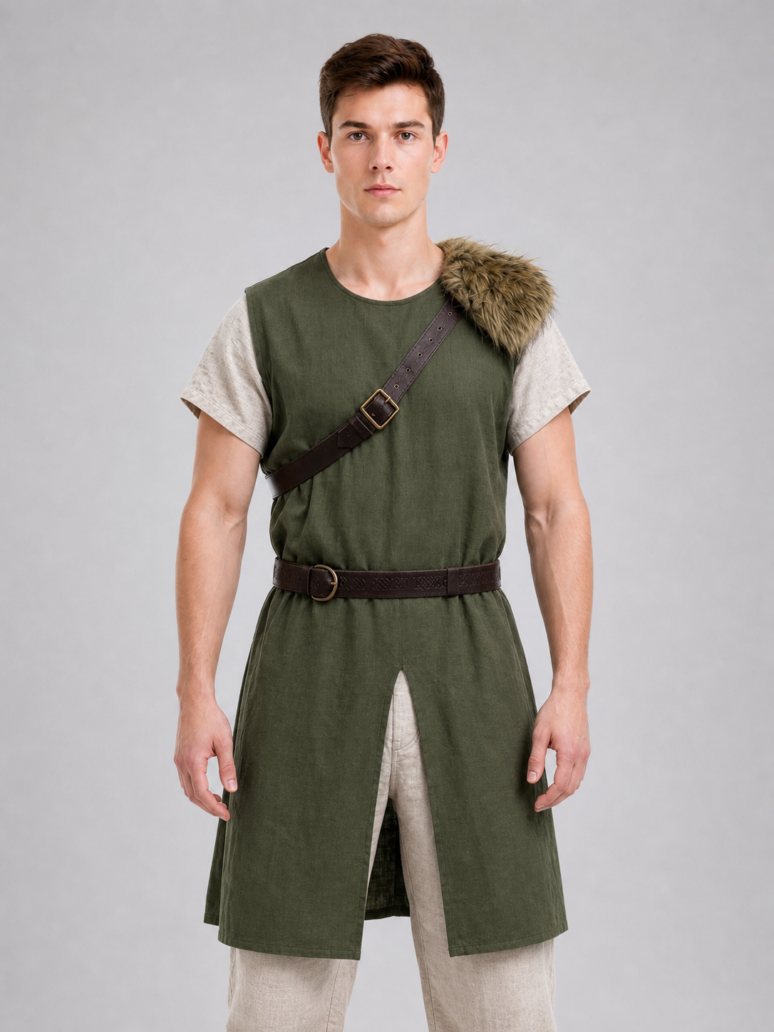 Sleeveless cotton and linen tunic with fur trim
