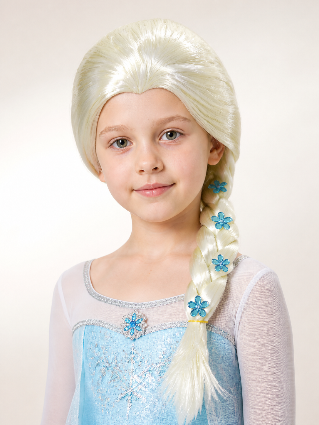 White Costume Wig with Blue Flowers and Long Braid Costume Wigs detail 2