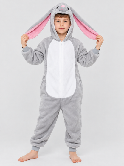 Gray and white hooded pajama jumpsuit with rabbit ears