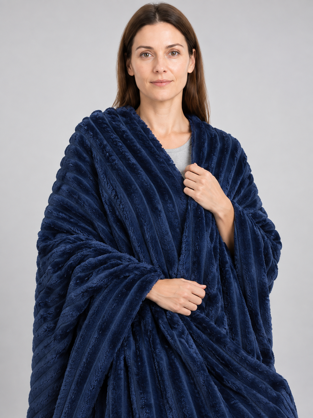 Dark Blue Flannel Blanket with Embossed Stripes