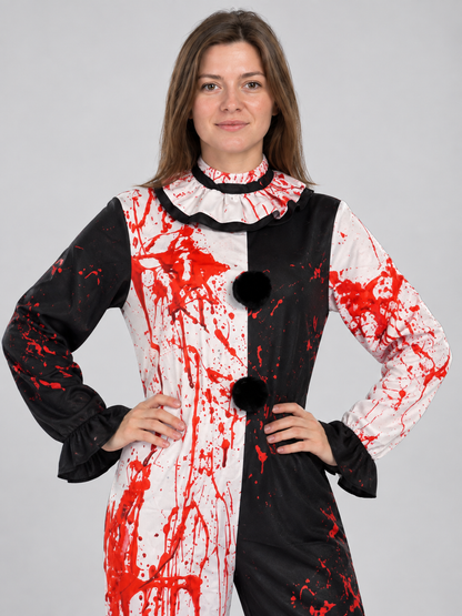Black and white clown costume with a jabot and imitation blood
