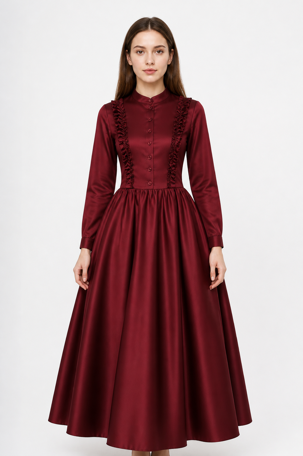 Burgundy Gothic Victorian Dress with Collar