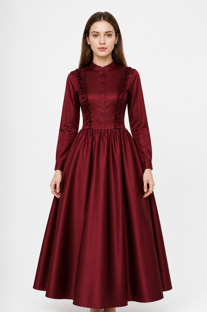 Burgundy Gothic Victorian Dress with Collar