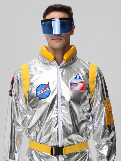 Space jumpsuit with visor, patches, and belt
