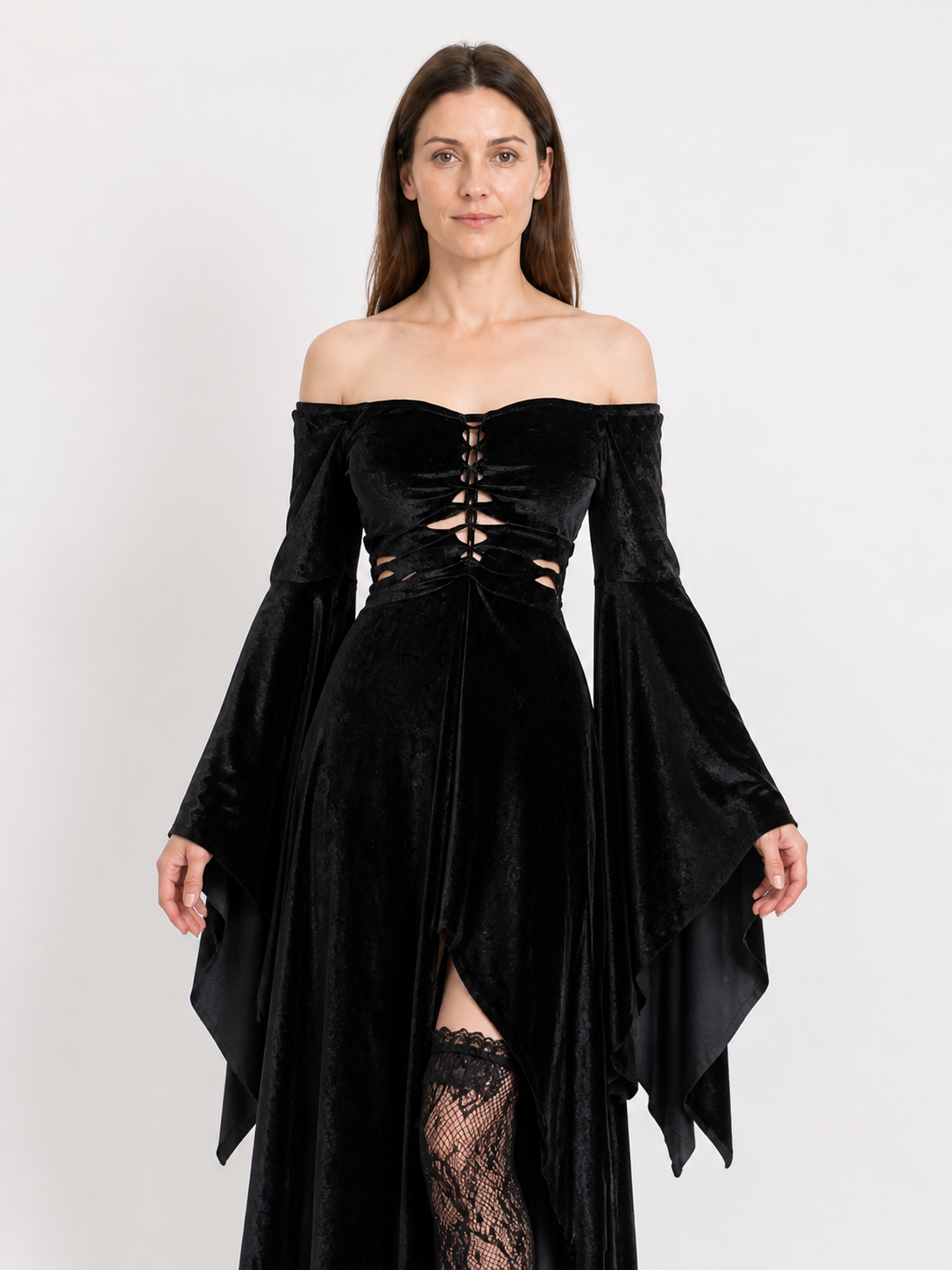 Black Gothic Dress: Off-the-Shoulder Design and Uneven Hem