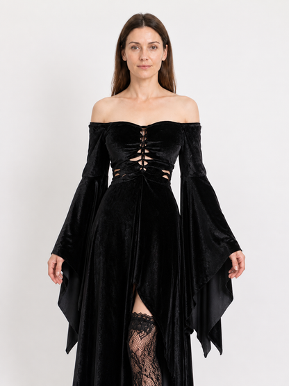 Black Gothic Dress: Off-the-Shoulder Design and Uneven Hem