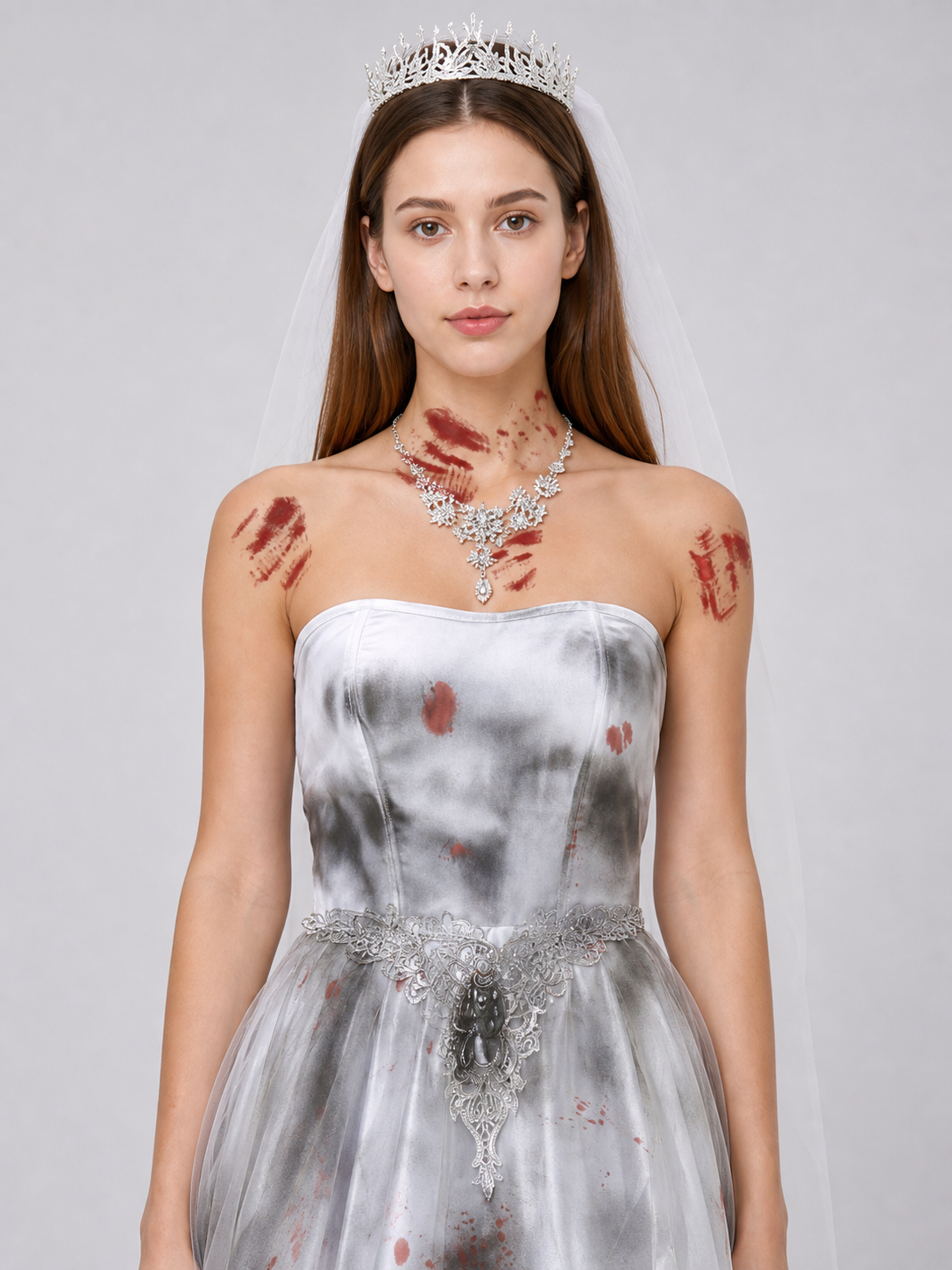 Long Bustier Dress with Red Accents and Decorative Details Costume Dresses detail 2